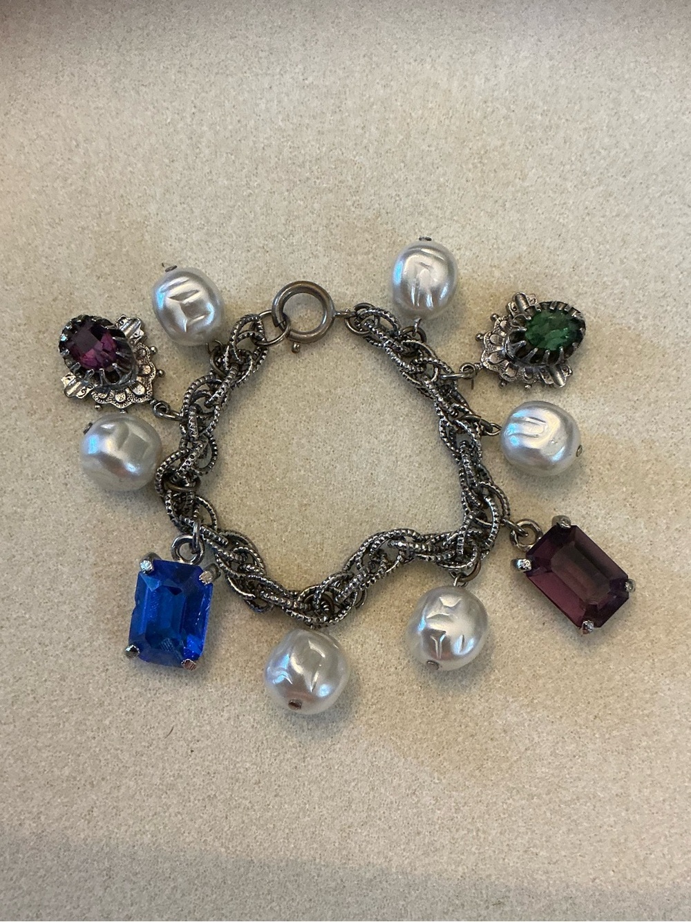 Silver-Tone Charm Bracelet with Blue, Purple, Green Gemstones and Faux Pearls, 7